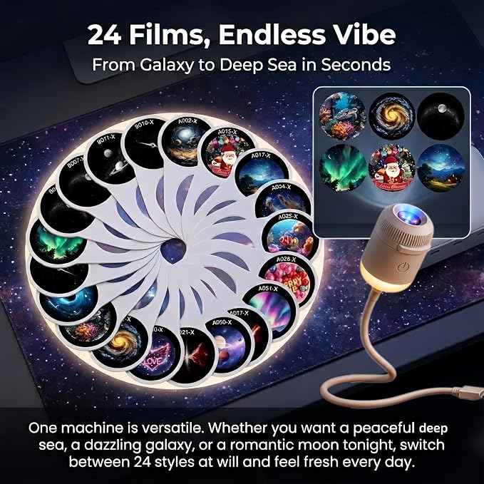 2026 Upgraded 5D Holographic Galaxy Ocean Projector, 2-in-1 Night Light Projector with 24 Films, 360° Flexible Gooseneck Touch Control Dimmable USB Plug & Play Star Lamp for Bedroom (24, white)