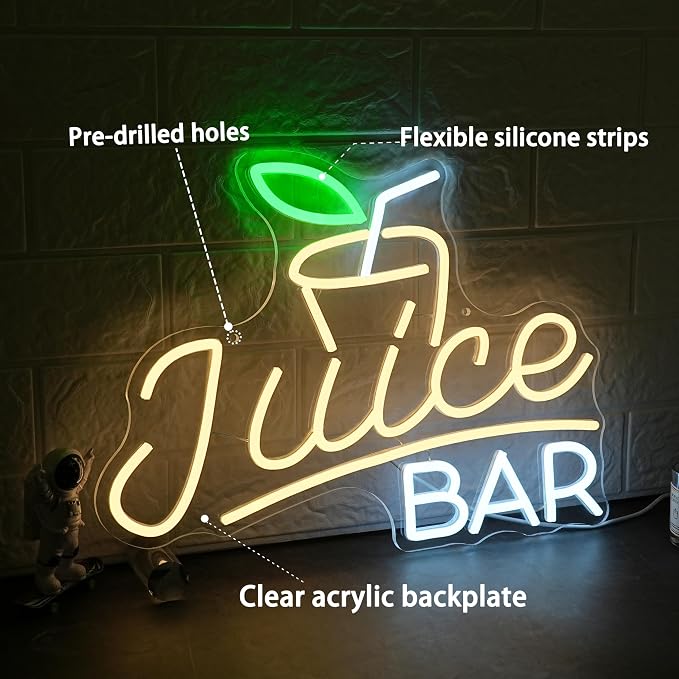 Juice Bar Neon Sign with Dimmable Switch 16.54 * 12.6 Attractive Juice Shop Neon Light with Usb Powered Bar Led Sign Business Light Up Sign for Party Wedding Birthday Gym Man Cave