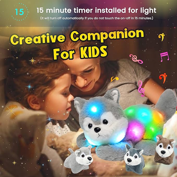 Hopearl LED Musical Stuffed Husky Lighting Up Singing Plush Toy Playset Mommy Dog with 3 Baby Puppies in her Tummy Lullaby Animated Soothe for Mom Toddler Girls, Gray, 17''