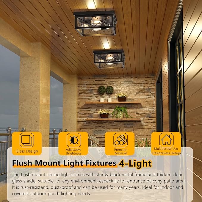 Asnxcju 12" Square Flush Mount Ceiling Light with Clear Glass Shade, 4-Light Farmhouse Outdoor Porch Ceiling Light Fixtures, Black Hallway Light Fixtures Mount for Garage Living Room Foyer