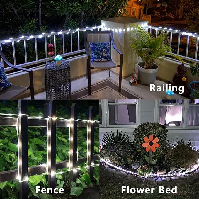 YEGUO Solar Rope Lights Outdoor Waterproof, 2 Packs Each 33ft 100 LED String Lights, 8 Modes Fairy Lights in Clear Thin Tube(White)