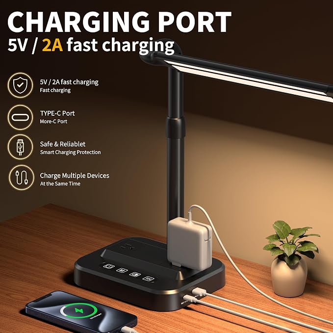 LED Desk Lamp, Ultra Wide Computer Light, Dimmable Desk Light with USB Fast Charging, Adjustable Foldable Eye Caring Office Desk Lamp for Monitor Work Gaming Home Study