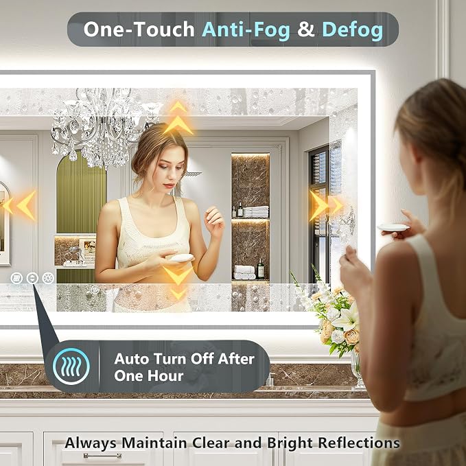 66x40 Inch Brushed Nickel LED Bathroom Mirror, Backlit & Front Lit | Silver Framed Anti-Fog Lighted Vanity Mirror with Lights, 3 Color Dimmable, Memory, HD Tempered Glass, CRI95, IP54, UL Listed