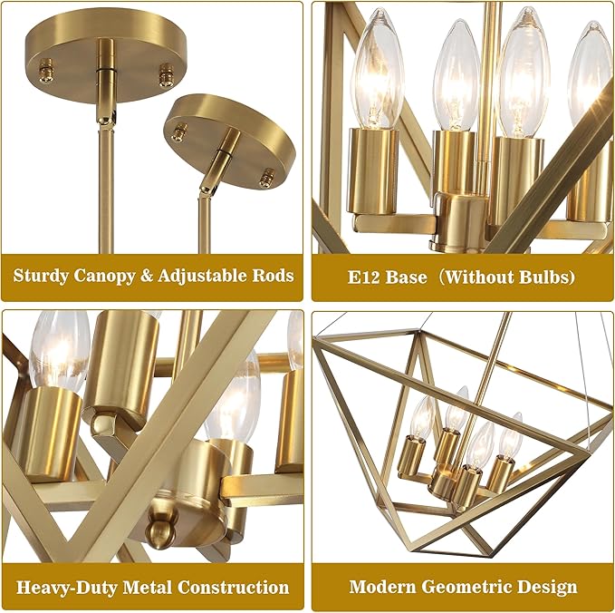 LASENCHOO 14.5" Brass Chandelier for Foyer Lighting Fixtures, 4 Lights Brushed Gold Modern Farmhouse Chandelier Lantern Geometric Pendant Light for Kitchen Island Entryway Dining Room Light Fixture