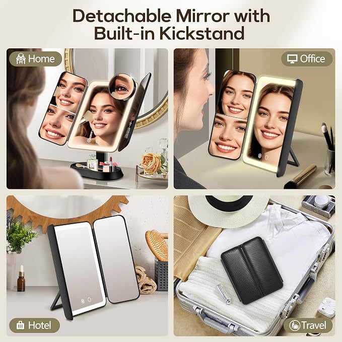 Makeup Mirror with Lights and 30X/10X/5X Magnification, Vanity Mirror with 3 Color Lights, Rechargeable, Detachable, Lighted Makeup Mirror with Magnification, Trifold Mirror, Gifts for Women