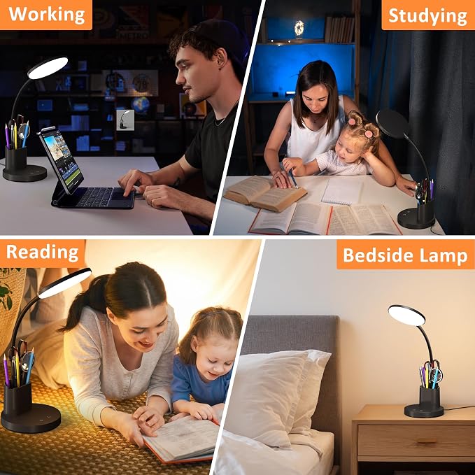 LED Desk Lamp for College Dorm with Pen Phone Holder, Black | 3 Color Modes Dimmable Desk Light, College Dorm Essentials, 360° Adjustable Arm, Eye-caring Bedside Reading Lamp, 800 Lumen