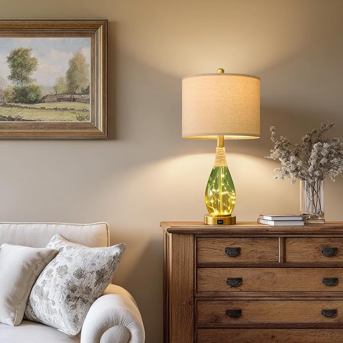 23" Table Lamps Set of 2,Farmhouse Lamps with Glass Nightlight, Bedside Lamps for Living Room, Rattan Lamps for Bedroom Nightstands, Two Light Points