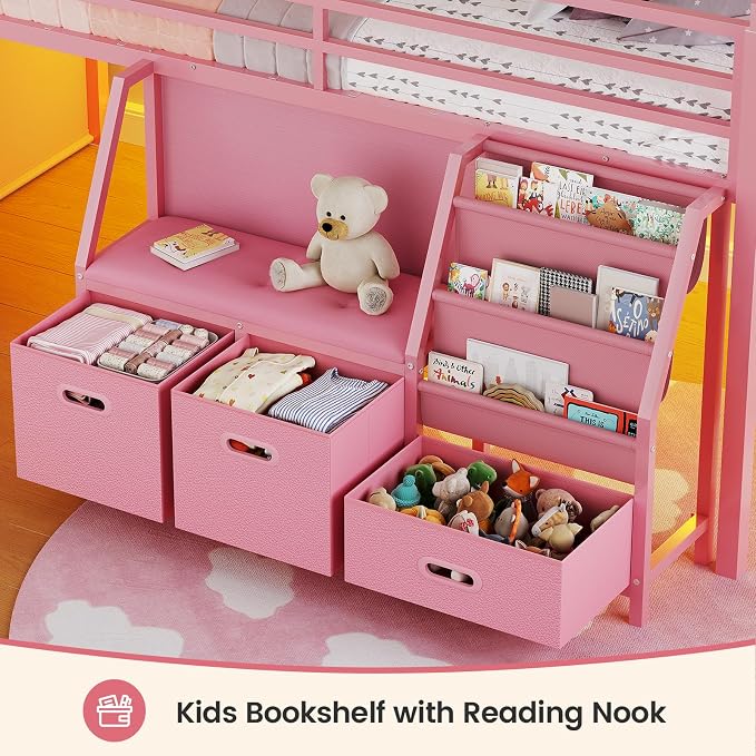 ADORNEVE Low Loft Bed Full Size with Bookshelf, Reading Nook & 3 Drawers | Pink Kids Loft Bed, LED Light, Storage Drawers, Under-Bed Play Space,Safety Guardrail, Inclined Ladde, Play Curtain