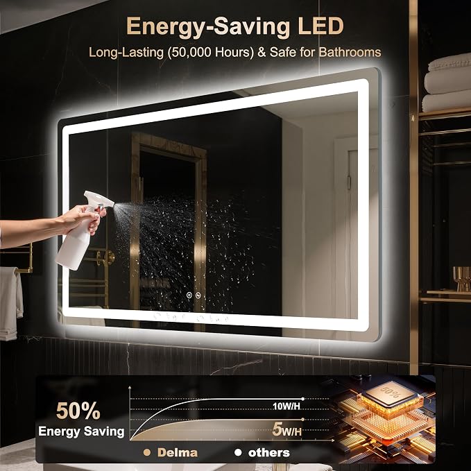 30x50 LED Bathroom Vanity Mirror with Lights, Anti-Fog, Dimmable | Front & Backlit with 3 Color Modes and Memory, 5mm Shatterproof Glass, Plug-in or Hardwired, Horizontal or Vertical