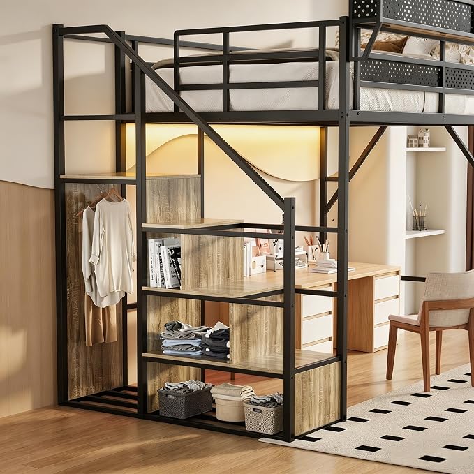 Queen Size Metal Loft Bed with Reversible Stairs and LED & USB Port | Storage Shelf, Reversible Storage Stairs with Wardrobe, LED Lights,USB Charging Port,Sturdy Noise-Free Design,Large Under Bed