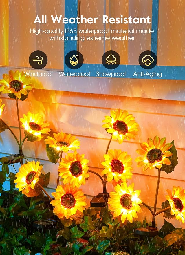 Brightown Solar Garden Lights, 4 Pack Sunflowers Flower Lights Waterproof | Larger & Realistic Sunflowers, Bigger Solar Panel, Waterproof LED Solar Lights Outdoor for Yard Garden Lawn Pathway Decor