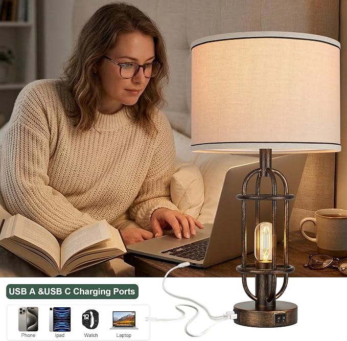 Reaketon Table Lamps for Living Room Set of 2, 22.3" Farmhouse Lamps for Nightstand, Industrial Table Lamps for Bedroom with USB Ports, Retro Bronze