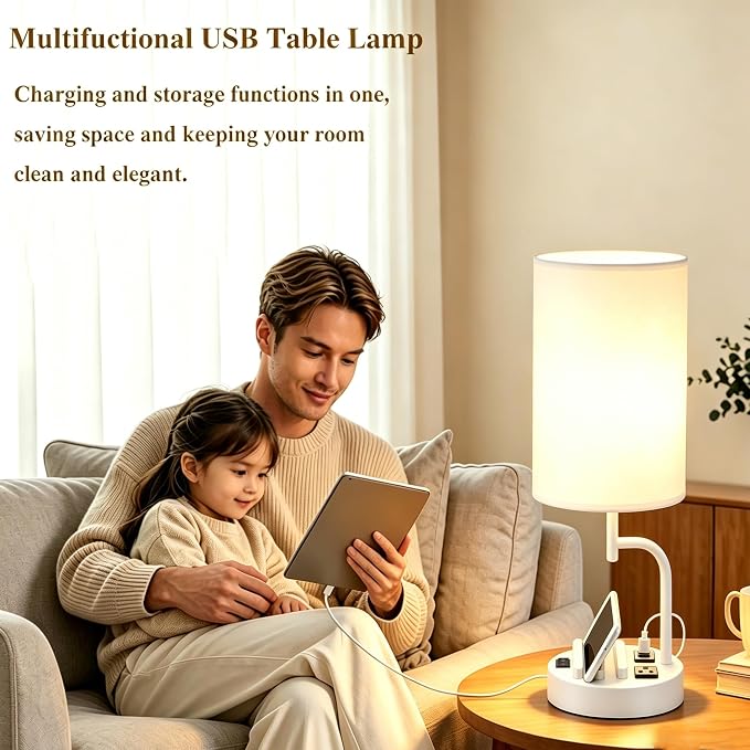 Dreamholder 2 Pack Table Lamp, Bedside Lamp with 3 USB Charging Ports & AC Outlet, USB Desk Lamp with 2 Phone Holders, Linen Fabric Shade Nightstand Lamps for Bedroom Living Room Office, White