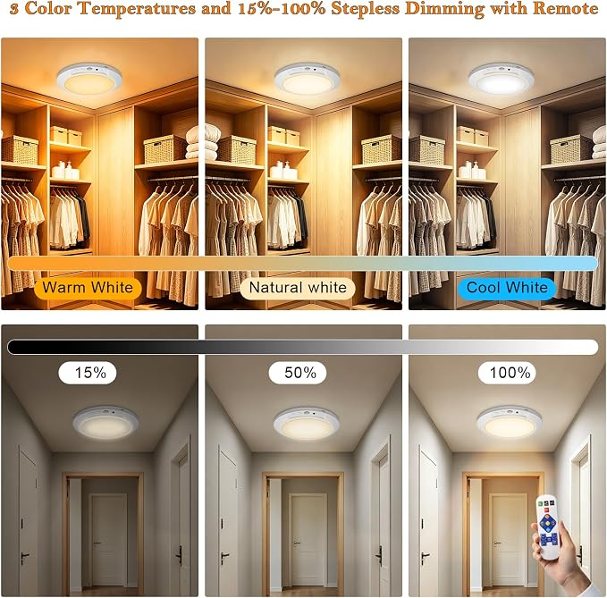 Motion Sensor Ceiling Light Battery Operated with Remote, 4 Pack Wireless Rechargeable Ceiling Lights Indoor, 3CCT Dimmable Closet Night Light for Shower Stairs Shed Hallway Porch RV and Tent