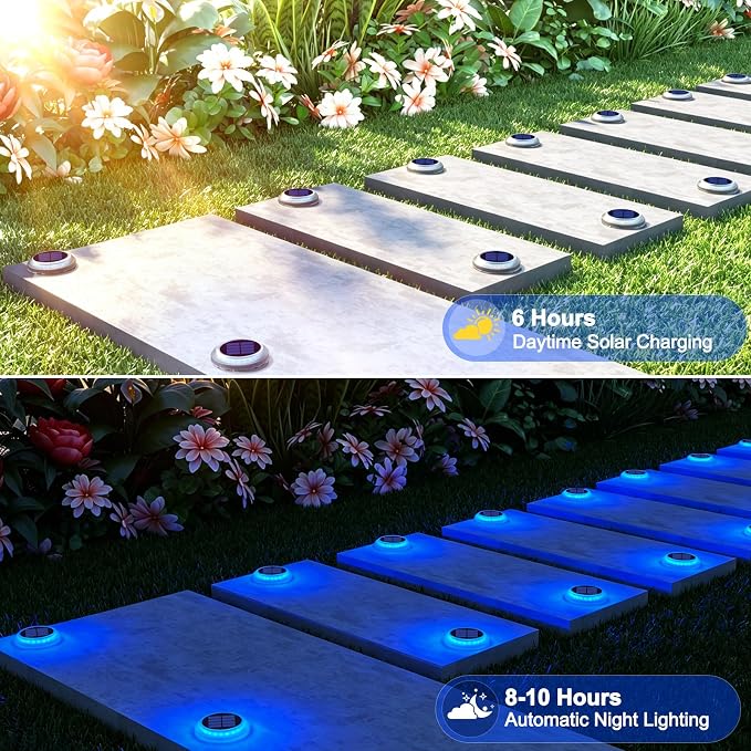 Blue Solar Driveway Lights Outdoor 4 Pack Dock Deck Lights IP68 Waterproof | Solar Powered Deck Lights, Stick on Solar Dock Lights Outdoor for Stair, Patio, Pathway, Yard, Walkway, Sidewalk, Step, Pool
