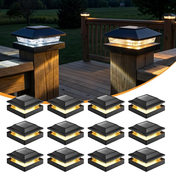 Brightown Solar Post Cap Lights Outdoor 12-Pack, Waterproof Fence Post Solar Lights for 4x4 Wood/Vinyl Posts, 16 LED Deck Post Lights with 2 Color Modes Decorate Patio Porch Garden