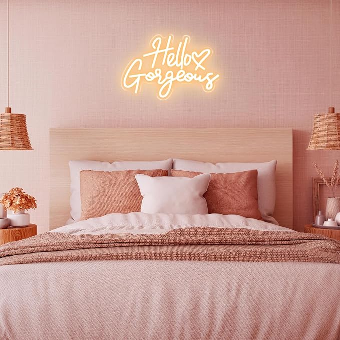 Hello Gorgeous Neon Signs for Wall Decor with Heart, Warm White Gorgeous LED Sign Lights for Bedroom Dorm Salon Wedding Party, 16"x12" Preppy Cute Room Decor Woman Cave - 100,000H Lifespan