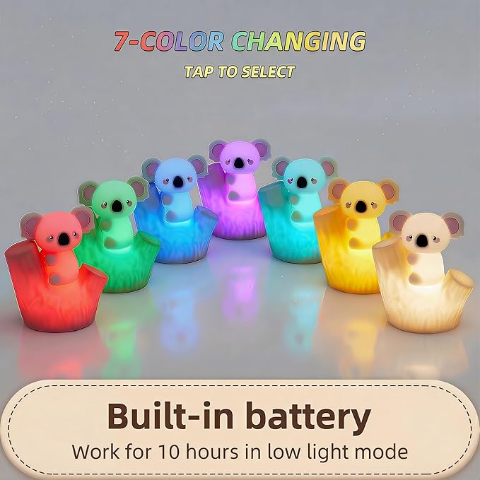 Koala Tap Night Light USB Rechargeable Dimmable Timer RGB Color Changing Silicone Cute Cartoon LED Touch Lamp for Kids Bedroom Nursery Baby Toddler