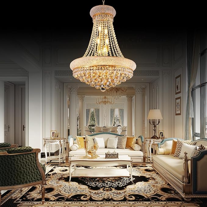 22" W 12-Light Luxury Entrance Chandelier with Unique Empire K9 Crystal Design for High Ceilings, Perfect for Living Rooms and Entryways (Gold)