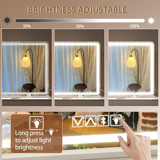 Hasipu Vanity Mirror with Lights and Bluetooth Speaker, 37.4" x 25.6" LED Makeup Mirror, Lighted Makeup Mirror with Dimmable 3 Modes, Touch Screen Control Vanity Mirror Round White
