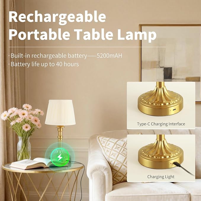 Mr.White Set of 2 Rechargeable Cordless Table Lamp with Fabric Shade, 5200mAh Battery Operated LED Table Light, for Restaurant Kitchen Patio Dinner Dining (Bronze)