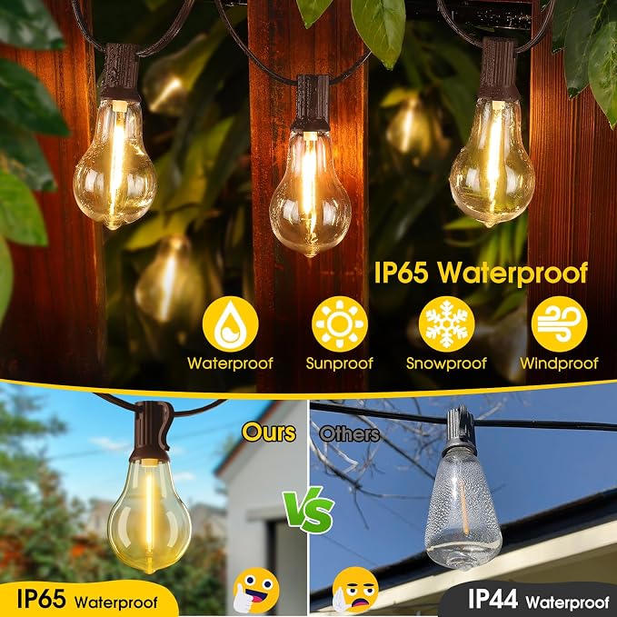 100FT Outdoor String Lights, Patio Light with 32 A39 Bulbs, Brown | Plug in, Dimmer not included, Waterproof, Shatterproof, Extendable, LED Hanging Lamp for Outside Pool Deck Fence Decor