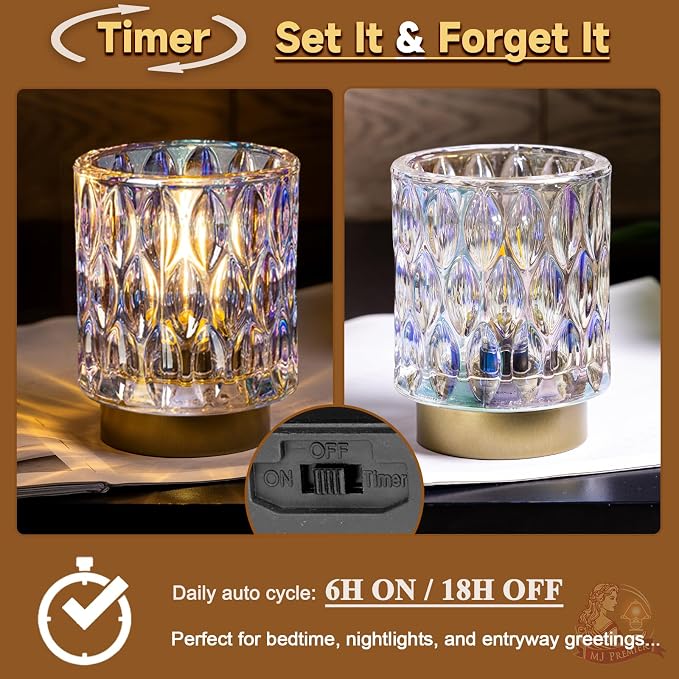 Battery Operated Table Lamp Timer, Small Cordless Lamps Decorative, Pearl | Mini Crystal Lamp for Area No Plug, LED Battery Powered Lamps Wireless, Glass Accent Light for Bathroom Fireplace Shelf Decor