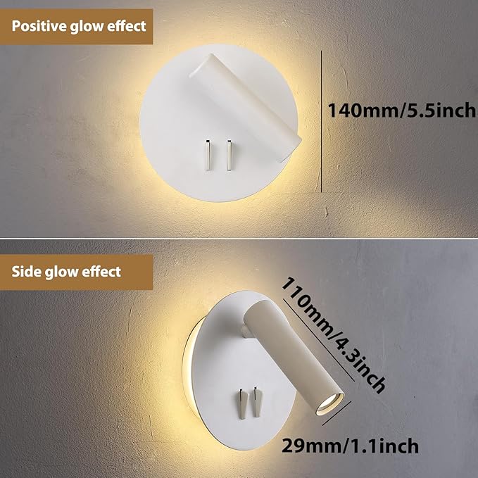 ZEROUNO Bedroom Wall Lamp with Switch Reading Light Hardwired Sconces Which Angle Adjustable for Bed-Side Interior Design (White)
