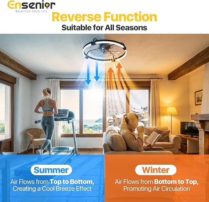 Ensenior 24 Inch Flush Mount Ceiling Fans with Lights, APP Control, Black | Quiet Reversible Motor, Night Light Mode, 6 Speeds, 3CCT, Dimmable, Low Profile, Remote, Memory Function, Timer, Bedroom