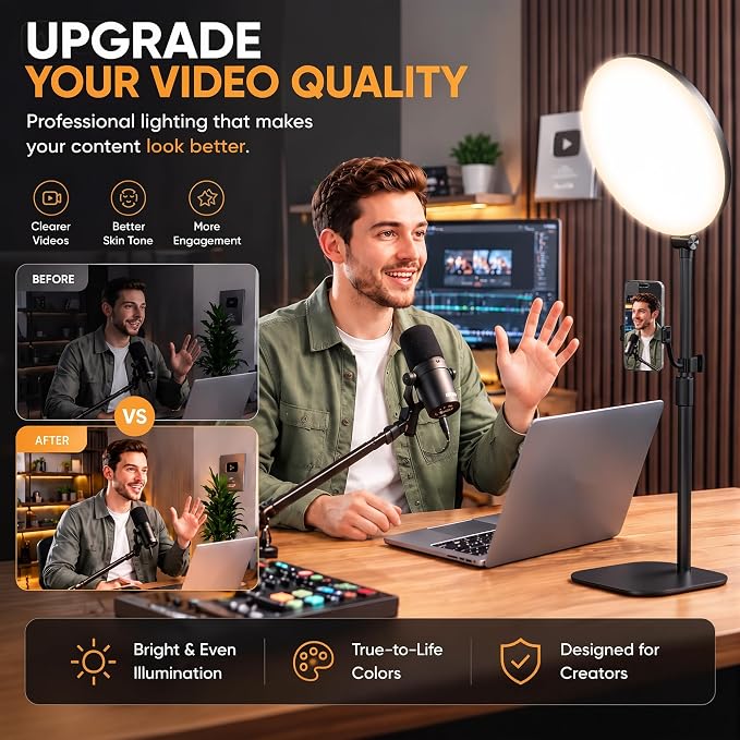 10" Full-Panel Desk Ring Light with Stand & Flexible Phone Holder, 24W 1100LM Light for Video Recording, 5 Color Modes up to 6500K, CRI 95+ for Computer, Podcast, Streaming, Zoom & Video Calls