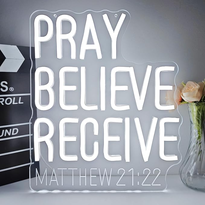 Pray Believe Receive Neon Sign for Wall Decor Matthew 21.22 Led Sign Religious Neon Light Dimmable Christian Light Up Signs for God Inspiration Faith Church Bible Verse Wall Art Bedroom Party Gift