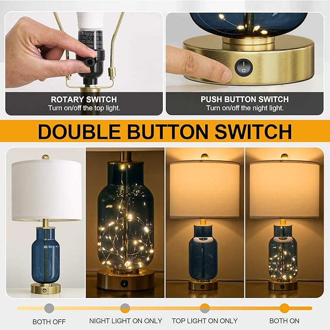 22" Glass Table Lamps Set of 2, Blue Modern Bedside Lamp with LED Night Light for Living Room, Nightstand Lamp with USB Ports for Bedrooms, Study Room, End Table(2 Bulbs Included)