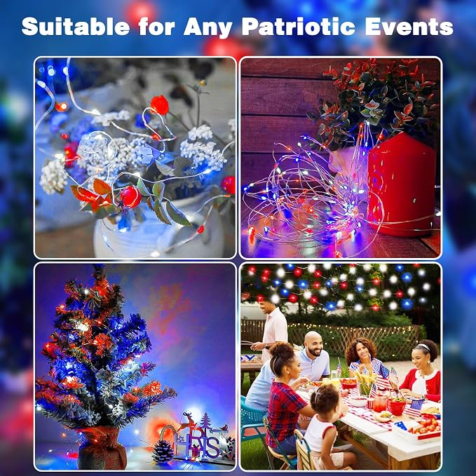 4th of July Decor 3 Pack Fairy Light Battery Operated Remote Red White Blue | Each 26FT 80LED, 8 Modes & Timer, Waterproof Wire, Patriotic Twinkle String Light for Independence Memorial Veteran Day Decor