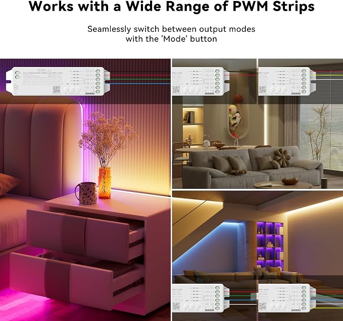 MIWISE Matter LED Controller,Dimmable WiFi Controller for LED Strip Light,Works with Alexa/Google Assistant/Homekit/Apple Home/Siri,for Single Color/CCT/RGB/RGBCCT/RGBW COB LED Strip Light,DC12-48V