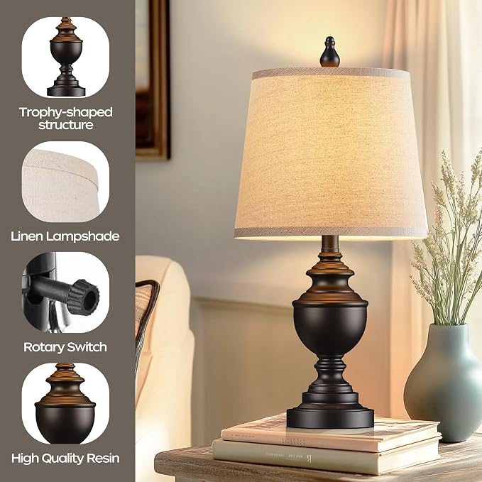 Retro Table Lamps Set of 2, Bedside Lamp for Bedroom Rustic Farmhouse Table Lamps for Living Room, Vintage Nightstand Lamps with White Shades, Matte Black