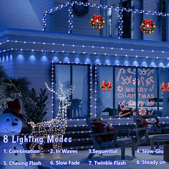 YEGUO Solar Christmas Lights Outdoor Waterproof, 2 Packs Each 33ft 100 LED Rope Lights, 8 Modes Fairy String Lights in Clear Thin Tube for Camping Fence Patio Garden Trampoline Deck(Blue and White)