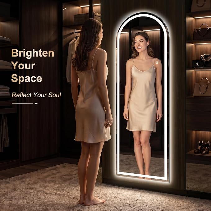 LED Arched Full Length Mirror, 60"x21" Full Body Mirror with Lights, Dimmable & 3 Color Lighting, Standing/Leaning/Wall Mounted Vanity Mirror for Bedroom, Dressing Room, Living Room