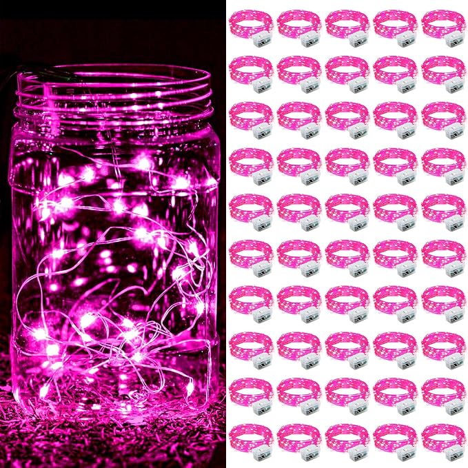 ZGWJ 50 Pack Pink Fairy Lights, Mini String Lights | Battery Operated 7 FT 20 LED Waterproof 3 Modes for DIY, Parties, Wedding, Halloween, Christmas Decoration
