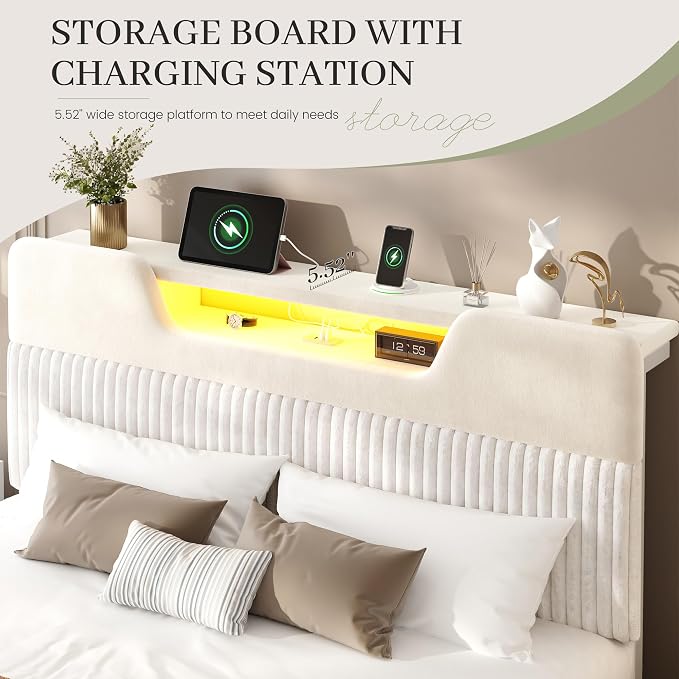 Homkdom Queen Bed Frame with Charging Station & Storage Headboard,White | 1USB-C & 2USB-A Charging, RGB LED Lights,7.78" Under-bed Storage,Velvet Upholstered Headboard,No Box Spring,Easy Assembly.