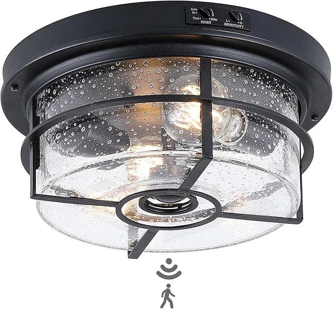 CALOKES Motion Sensor Outdoor Flush Mount Ceiling Light - Sleek Round Exterior with Seeded Clear Glass - Perfect for Front Porch, Garage, Entryway