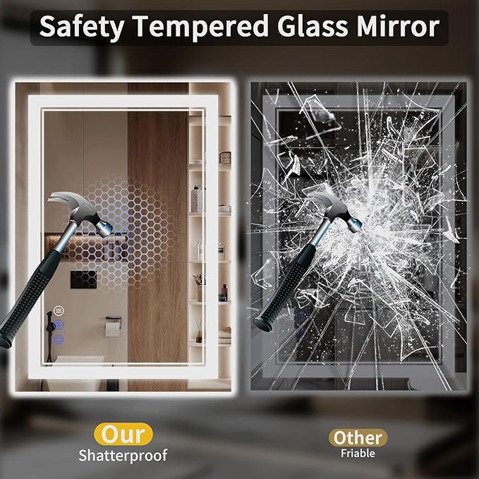 22"x30" LED Bathroom Mirror with Lights, Anti-Fog, Backlit + Front Lit, Dimmable, Led Vanity Mirror for Wall, Lighted Bathroom Mirror, 3 Colors, Shatter-Proof Tempered Glass