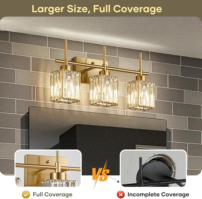 Torondo Modern Crystal Bathroom Vanity Light 3-Light Brushed Gold Bathroom Light Fixtures Over Mirror Brushed Gold Vanity Lighting Fixtures Square Shade Brass Wall Sconce (Bulbs Not Include)