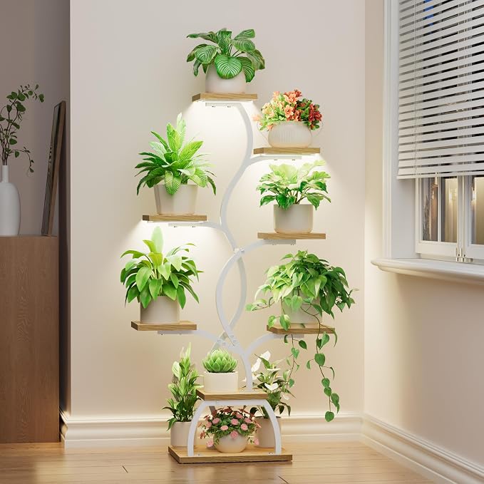 Plant Stand Indoor with Grow Light - 8 Tiered Corner Plant Shelf Indoor | 49" Plant Holder with Lights for Indoor Growing, Tall Lighted Flower Stand for Living Room, Balcony, White