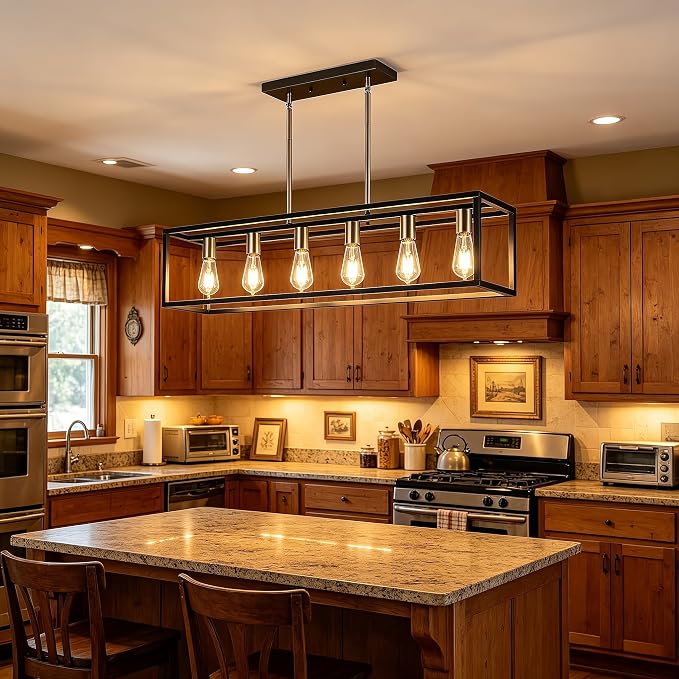 Rectangle Chandeliers Kitchen Light Fixtures Farmhouse Dining Room Light for Dining Rooms,Black&Brushed Brass Light Fixture Matte 6-Light Industrial Pendant Lighting
