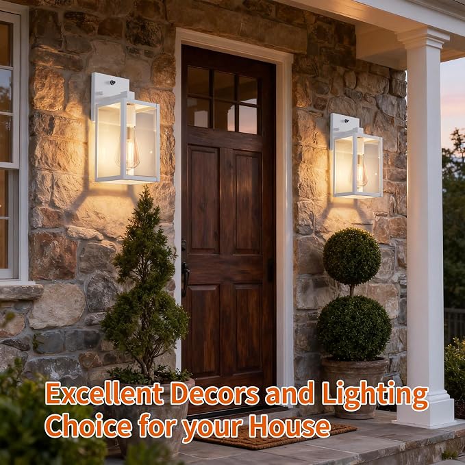 White Dusk to Dawn Outdoor Porch Lighting Fixtures Wall Mount, Sensor Exterior Wall Light for House, Ouside Lantern Lamp, Waterproof Wall Sconce Lights, Metal Coach Light for Garage Entryway