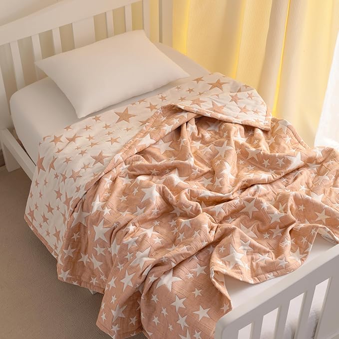 NTBAY 3 Layer Muslin Toddler Blanket, 30 x 40, Pale Orange Star | Breathable Muslin Cotton Outer Layers with Light Thermal Fill, Reversible for Stroller, Daycare, Travel, and Supervised Use