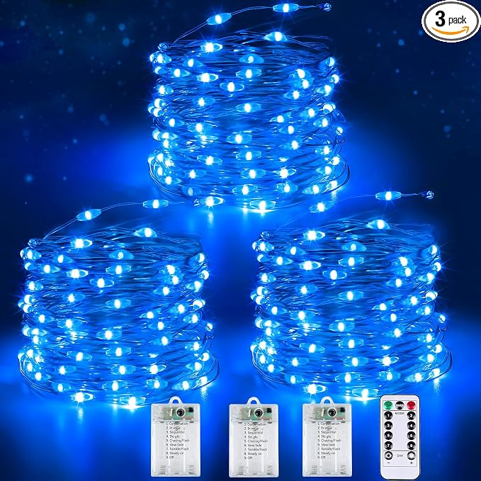 3 Pack Fairy Lights Battery Operated with Remote Xmas Twinkle Lights Blue | Each 80LED 26FT, 8 Modes & Timer, Waterproof Wire, Battery String Light for Christmas Party Wedding Outdoor Indoor Home Decor