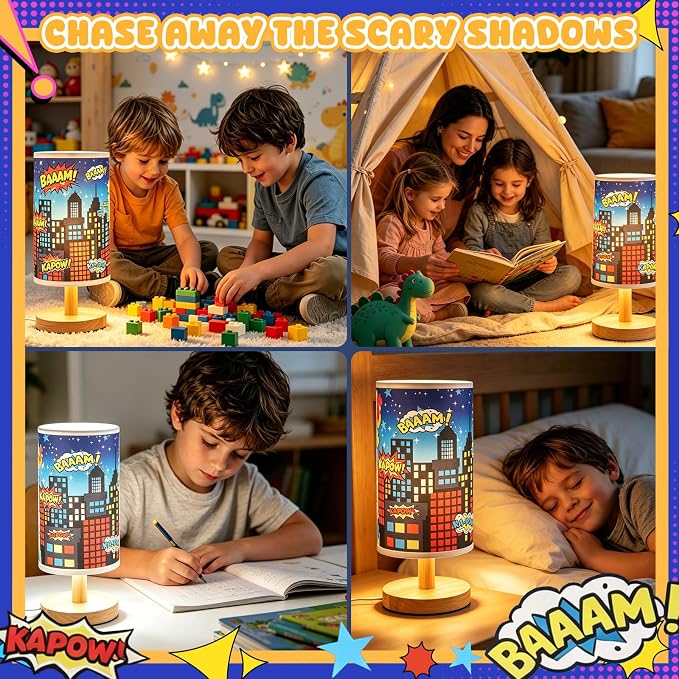 City Table Lamp for Kids Bedroom, 3-Way Dimmable Bedside Lamp with Wooden Base and Fabric Shade, Comic Book Night Light for Boys Room Decor, Cartoon Skyline Lamp for Nursery Playroom