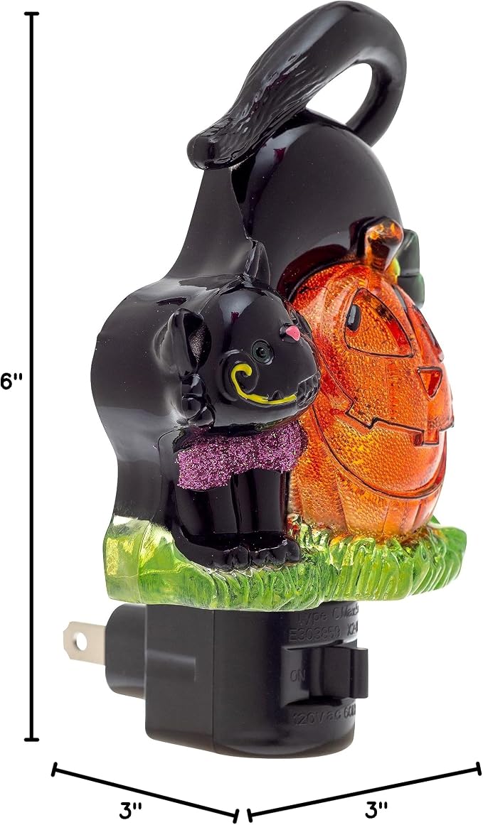 Creative Hobbies Holiday Decor Night Lights - Featuring Halloween Jack O' Lantern Pumpkin and Black Cat with Rotational Socket and On/Off Switch