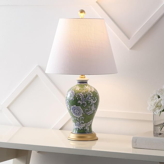 JONATHAN Y Grace 24" French Country Floral Urn Ceramic Lamp, Green/White | Chinoiserie Ginger Jar, French Country Cottage Style, Linen Shade, Gold Metal Base, LED Bulb Included